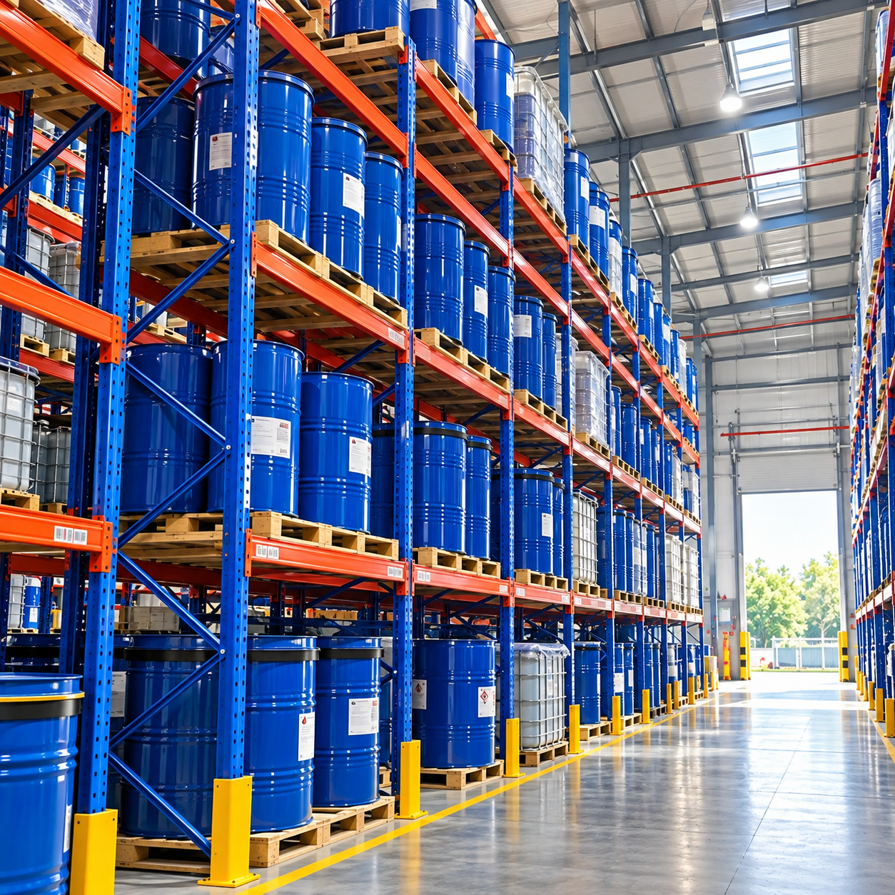 Bright warehouse aisle with blue drums on storage racks